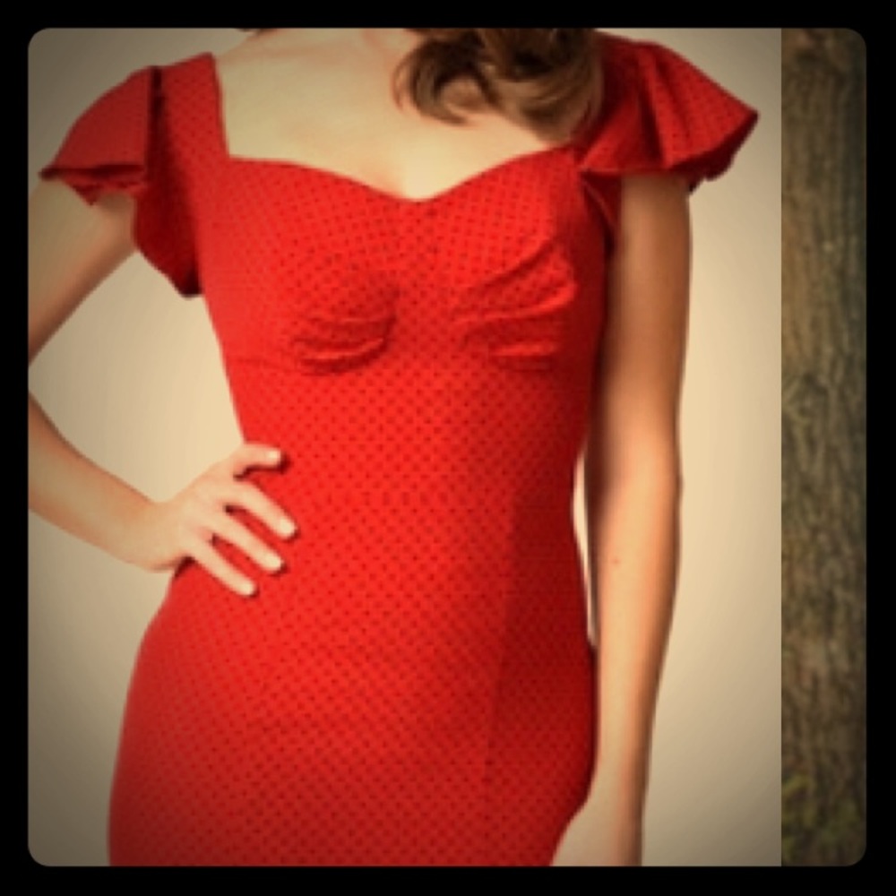 Red vintage style dress with blue polka dots